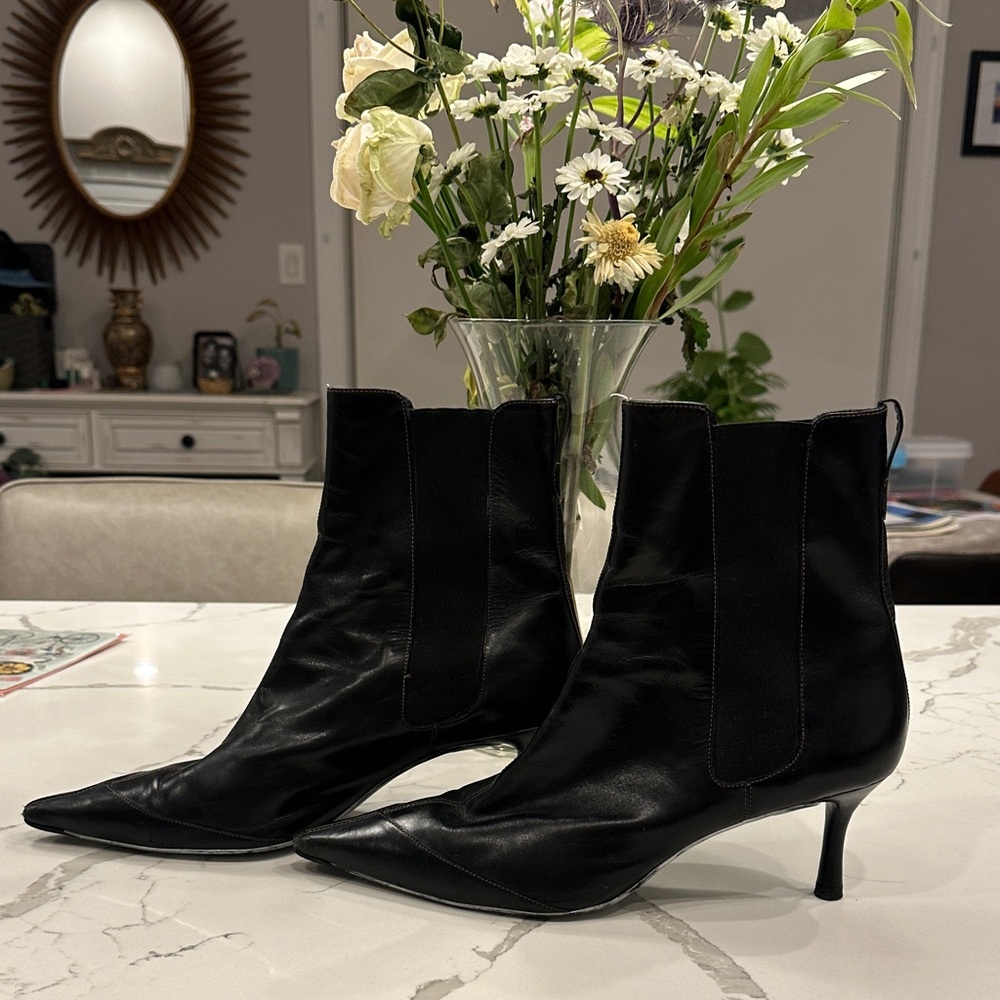 Cole Haan Women's Black Leather Pointed-Toe Kitten Heel Ankle Boots